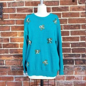 Vintage 80's teal beaded bows sweater Medium